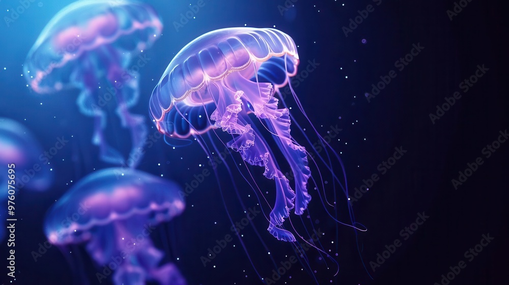 A group of bioluminescent jellyfish swim in the dark blue ocean. A group of bioluminescent jellyfish swim in the dark blue ocean.