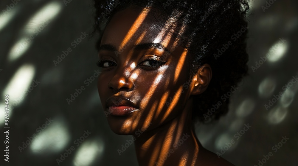 African woman stands in natural light her gaze intense with shadows and sunlight patterned across her face and shoulder African woman stands in natural light her gaze intense with shadows and sunlight patterned across her face and shoulder