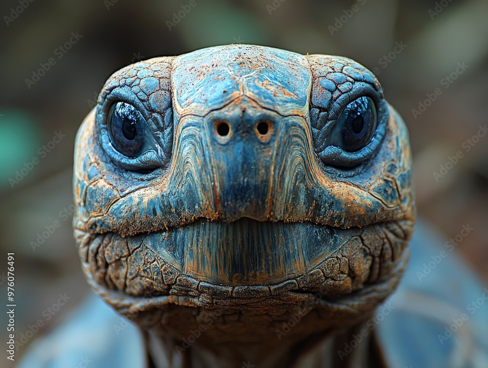 Fototapeta premium A close-up shot of a tortoise's face, capturing the intricate details and textures of its shell and skin, with strikingly expressive eyes that convey a sense of wisdom.