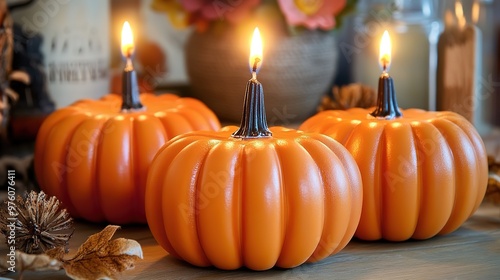 Pumpkin candles with home decor, Halloween concept