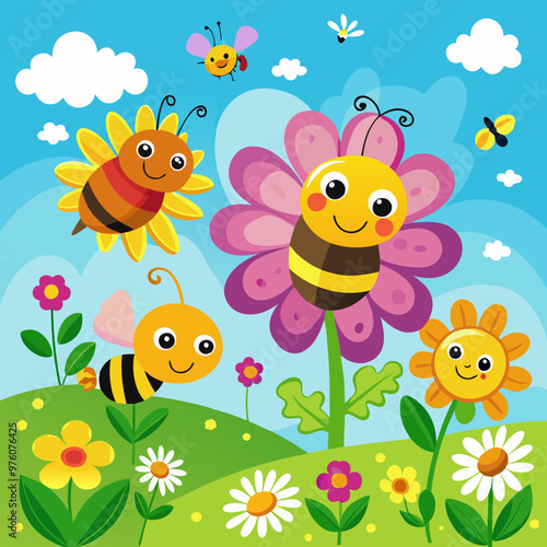 Editable Vector illustration of  colorful flowers and bees on a sunny day
