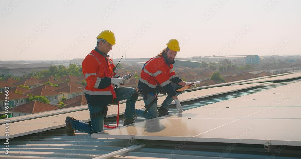 custom made wallpaper toronto digitalTwo engineers solar technicians in reflective gear discussing working examine solar installations on rooftop panels at dusk, with suburban backdrop