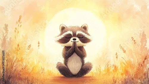 Adorable Raccoon Stands In Yoga Pose Against Backdrop Of Sunrise Watercolor Illustration For Childrens Book Character Yoga Pose Sunrise Background Kids Storybook Peaceful Scene