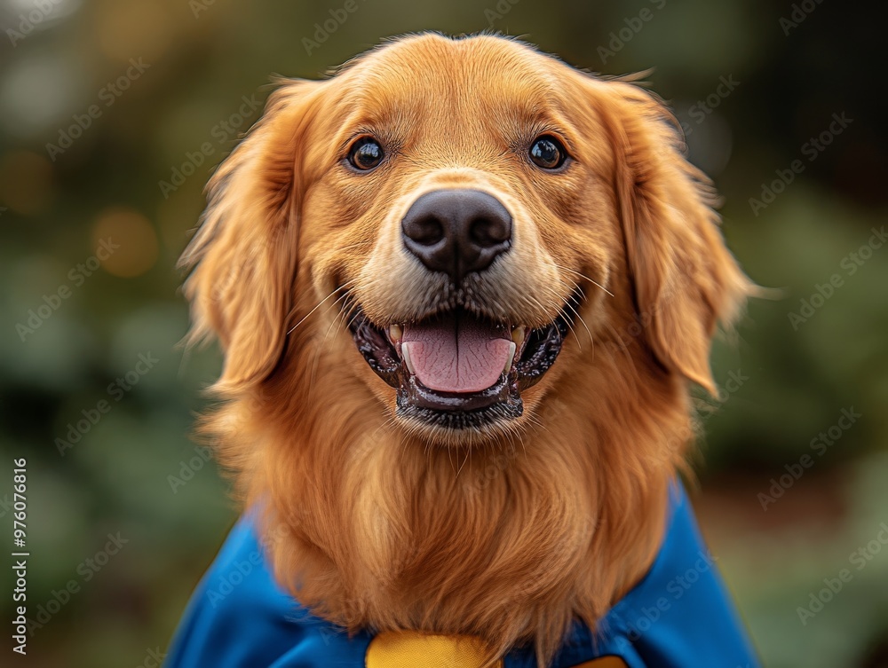 Obraz premium A cheerful Golden Retriever wearing a blue cape poses outdoors against a lush green background, making for a lively and uplifting scene that shines with joy and brightness.
