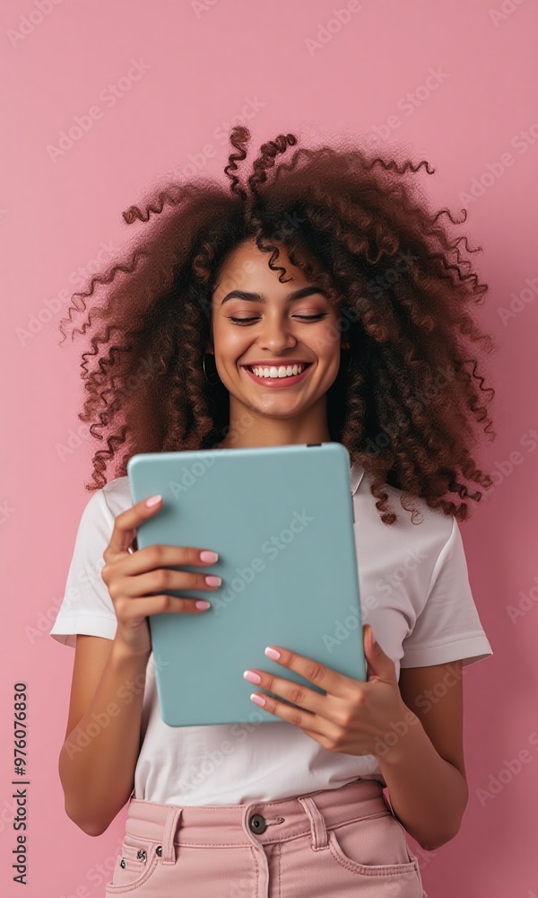 Portrait of a woman holding a tablet computer on Pastel Color Background Portrait of a woman holding a tablet computer on Pastel Color Background