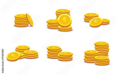 Set of stack of gold coins with a US dollar currency symbol is isolated on a white background. Stack of money coins. Business and finance concept design element concept. Vector illustration