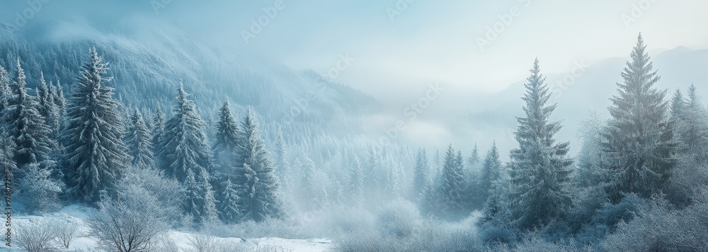 Fototapeta premium Winter outdoor tree snowy pines forest background