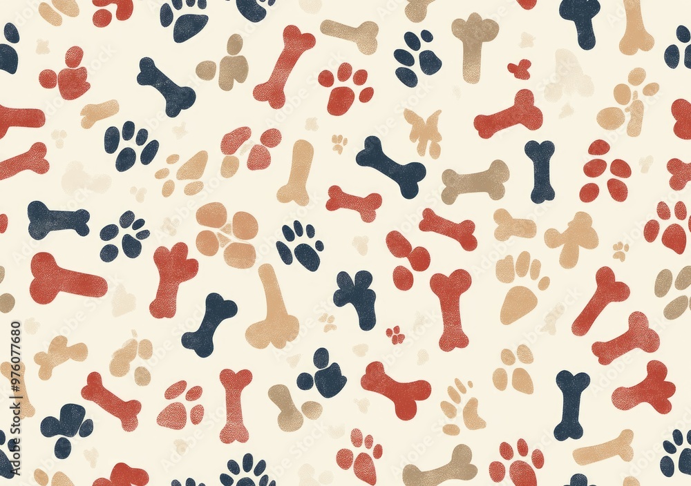 A seamless pattern of dog paw prints and bones in muted shades of red, blue, brown, and beige on a cream background. A seamless pattern of dog paw prints and bones in muted shades of red, blue, brown, and beige on a cream background.
