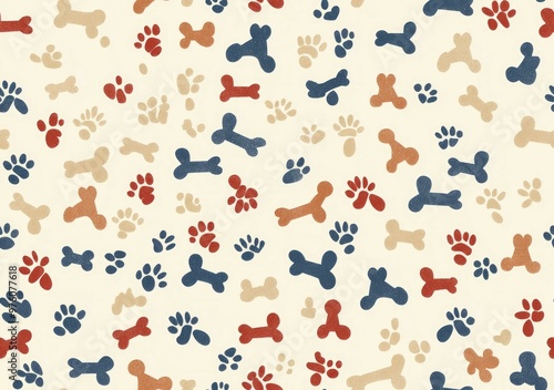 A seamless pattern of dog paw prints and bones in muted shades of red, blue, brown, and beige on a cream background.