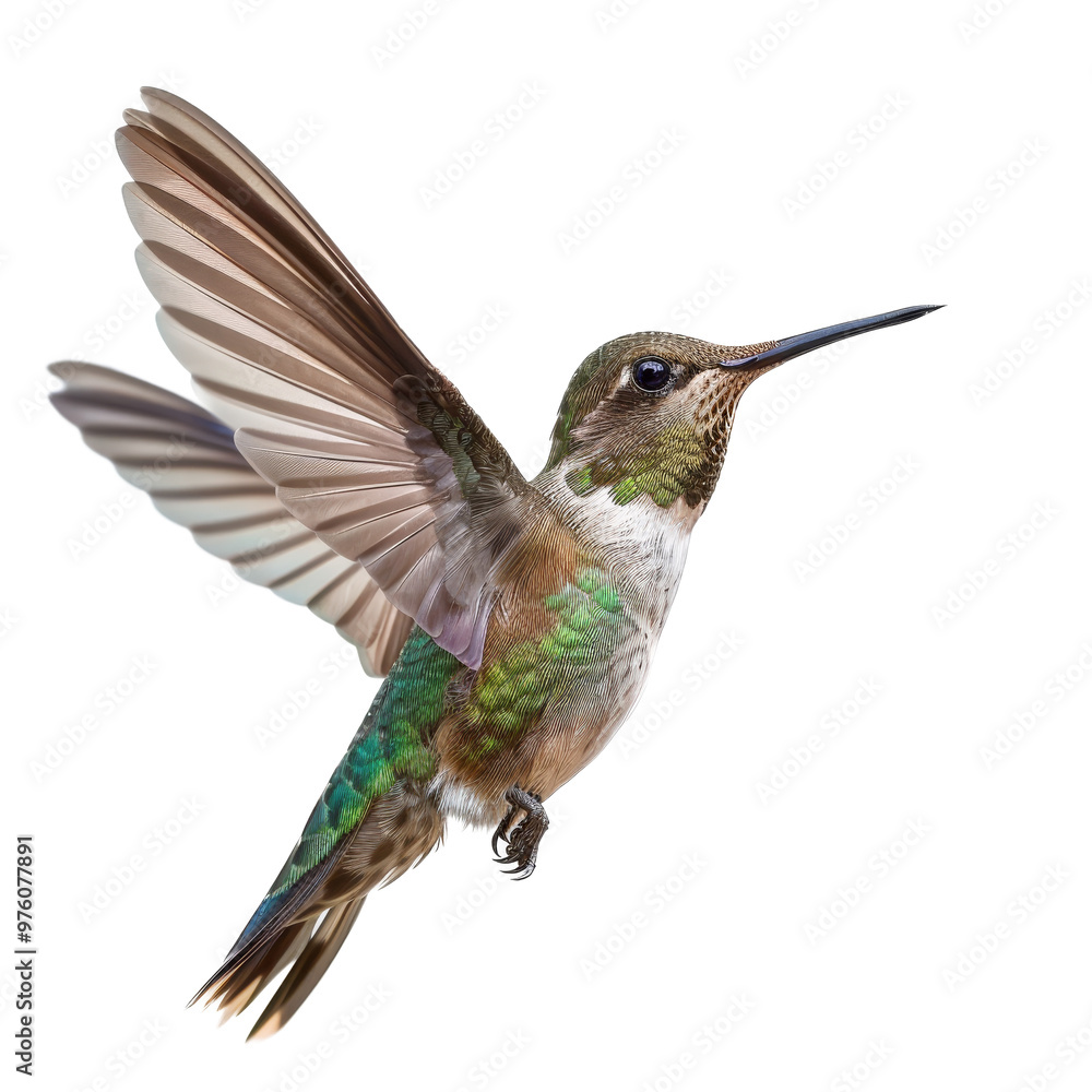 Fototapeta premium A vibrant hummingbird feeding mid-air against a transparent background showcasing its colorful feathers and intricate wing patterns