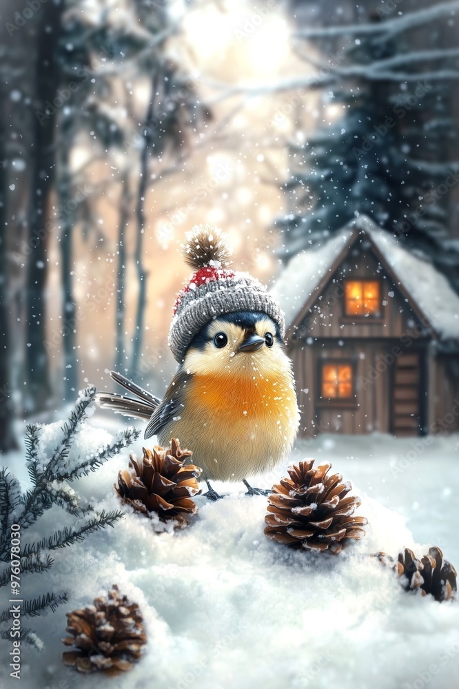 Fototapeta premium Cute chickadee bird wearing a winter hat, standing in the snow with pinecones and a small wooden house in the background