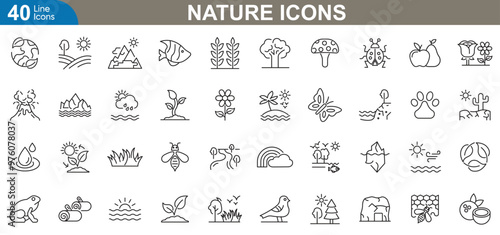 Nature line icons set. Trees, mountains, waterfalls, sun, leaves, animals, flowers, rivers, forests and more. vector illustrator.