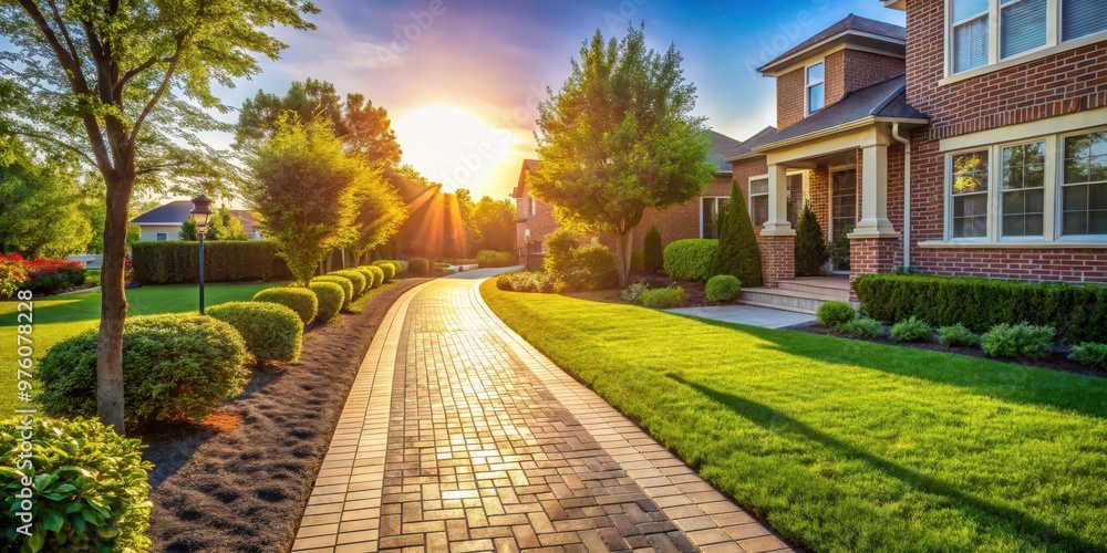 Brick sidewalk and walkway in a residential neighborhood with low shrubs and grass, bathed in filtered sunlight horizontal aspect Brick sidewalk and walkway in a residential neighborhood with low shrubs and grass, bathed in filtered sunlight horizontal aspect