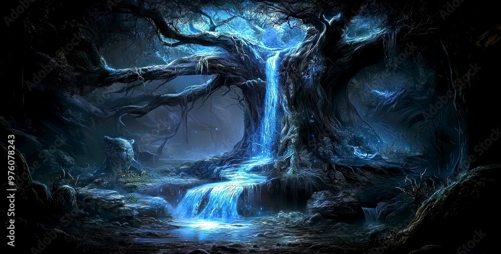 Fototapeta premium Mystical magical glowing blue energy flowing from an enchanted tree deep in the dark forest, surreal dreamlike magic wonder, fantasy forest at night
