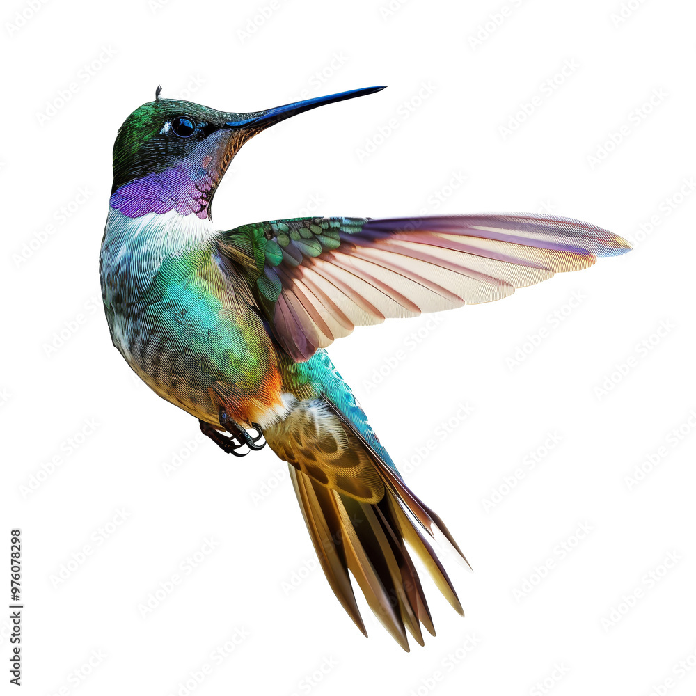 Fototapeta premium A vibrant hummingbird in mid-flight, showcasing its colorful feathers against a pristine transparent background