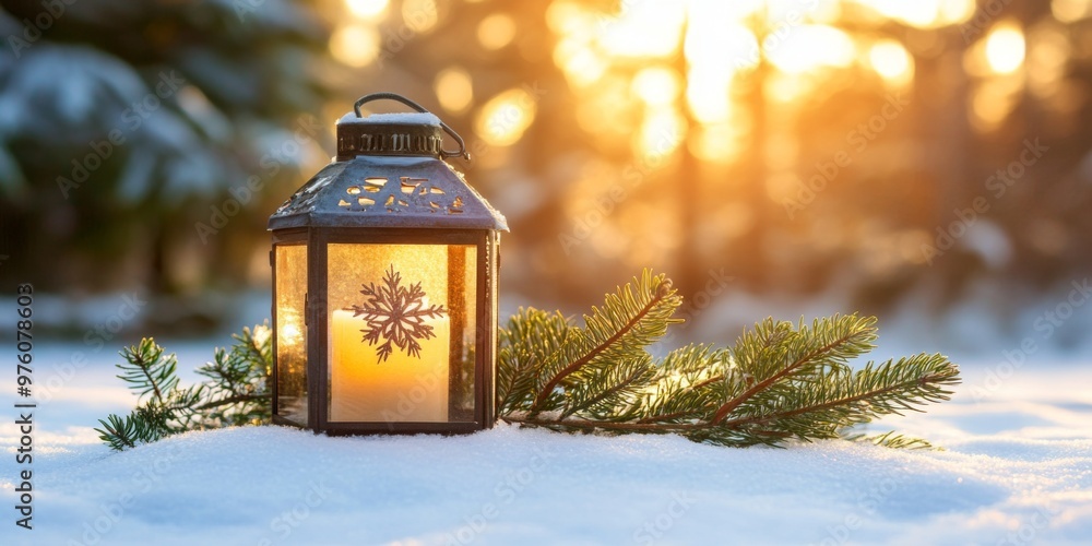 Christmas Lantern On Snow With Fir Branch in the Sunlight. Winter Decoration Background Christmas Lantern On Snow With Fir Branch in the Sunlight. Winter Decoration Background