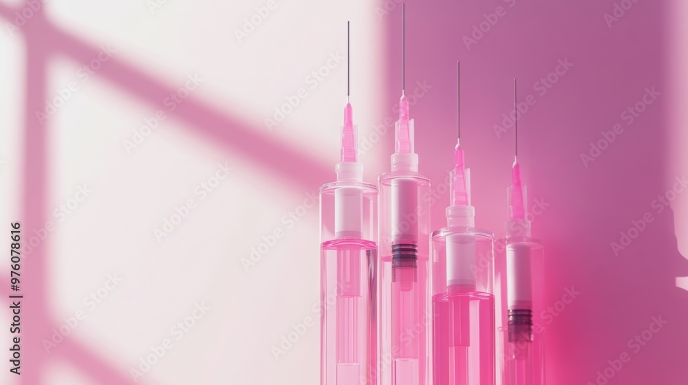 Lip Botox injections concept. Syringes with medicine on pink background. Banner background beauty procedure design Lip Botox injections concept. Syringes with medicine on pink background. Banner background beauty procedure design