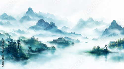 mountain and tree art background. Oriental Luxury landscape background design with watercolor brush line texture. Wallpaper design