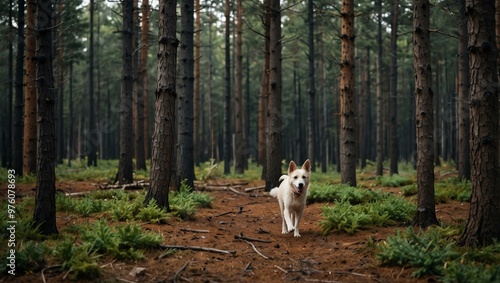 Dog in a pine forest.