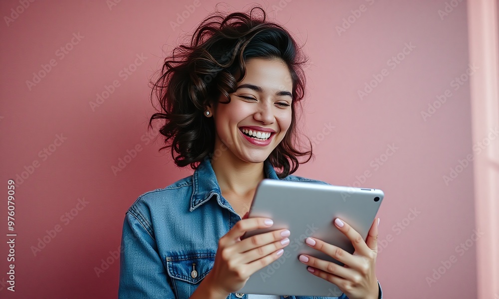 Portrait of a woman holding a tablet computer on Pastel Color Background Portrait of a woman holding a tablet computer on Pastel Color Background