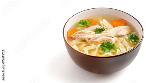 chicken noodle soup consists of a clear broth, often with pieces of chicken or vegetables. common additions are pasta, noodles, dumplings, or carrots. Isolated on white background with copy space