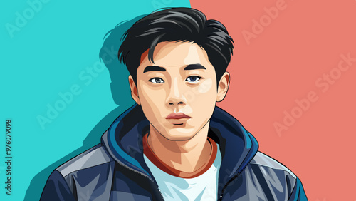 Korean Male Model Vector Illustration, Stylish Asian Man in Casual Wear, Modern Korean Fashion
