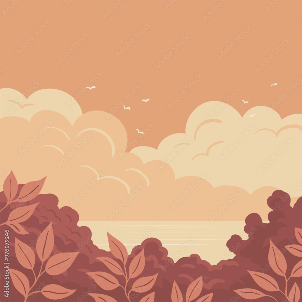 Seascape with shore and plants. Beautiful evening clouds on the water horizon. Calm peaceful view. Cartoon vector illustration. Hand drawn style Seascape with shore and plants. Beautiful evening clouds on the water horizon. Calm peaceful view. Cartoon vector illustration. Hand drawn style