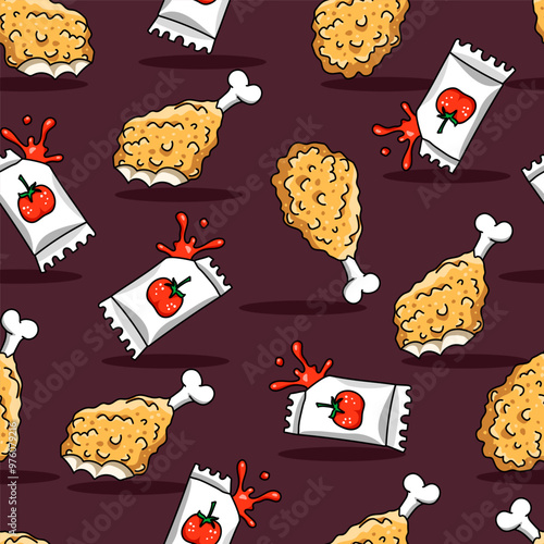 Fried chicken with spicy hot sauce seamless pattern. Suitable for background media such as the textile, clothing, posters, product covers, food packaging and other media.