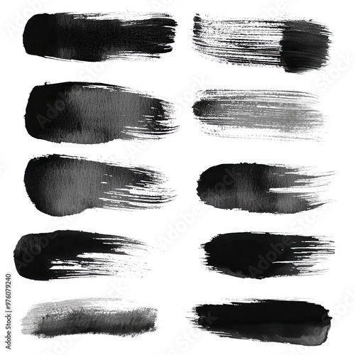 Collection of artistic black paint strokes on white background, ideal for creative projects and graphic designs.