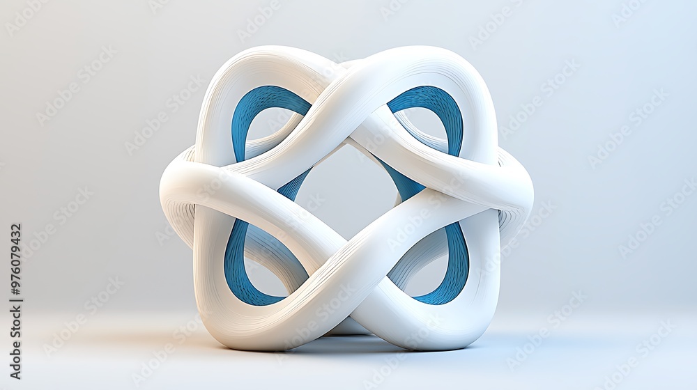 A 3D knot of white and blue geometric shapes twists in perfect form. A 3D knot of white and blue geometric shapes twists in perfect form.
