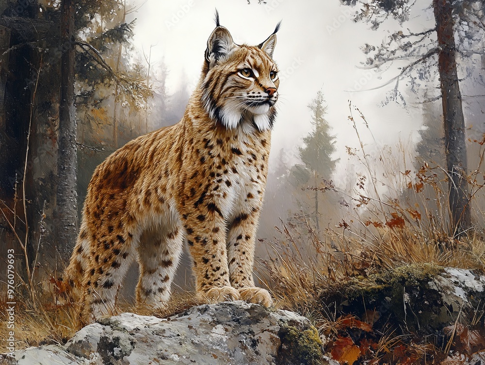 Obraz premium A majestic lynx is captured standing on a rocky outcrop in an autumn forest. The warm hues of the leaves and the lynx's fur create a striking natural tableau.