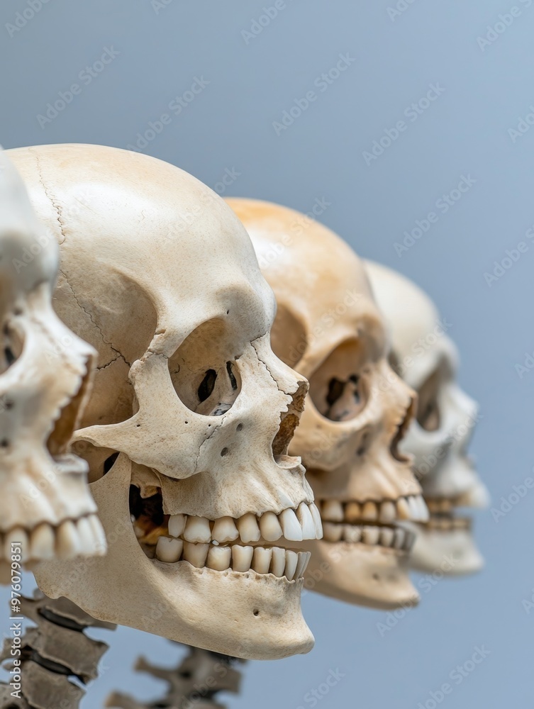 Obraz premium A row of human skulls in profile, showcasing the intricate details of their anatomy, symbolizing mortality, time, and the cycle of life.