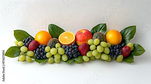 An arrangement of fresh fruit and green leaves stands elegantly against a white background.