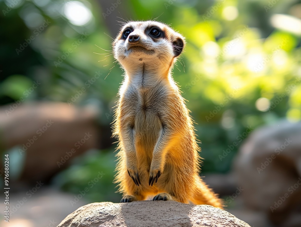 Photograph of a meerkat standing on a rock with green foliage behind it, capturing the animal's upright posture and vigilant demeanor amidst its natural surroundings. Photograph of a meerkat standing on a rock with green foliage behind it, capturing the animal's upright posture and vigilant demeanor amidst its natural surroundings.
