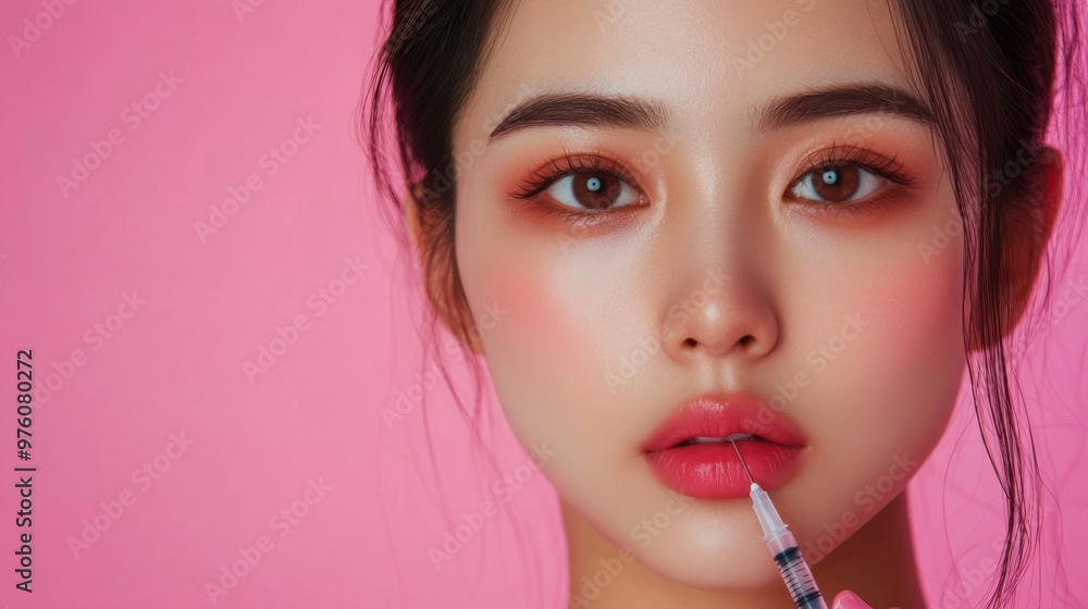 Lip Botox injections concept. Young asian woman getting beauty injection in her lips, doctors hand in gloves holding syringe with filler next to woman mouth. Banner background beauty procedure design Lip Botox injections concept. Young asian woman getting beauty injection in her lips, doctors hand in gloves holding syringe with filler next to woman mouth. Banner background beauty procedure design