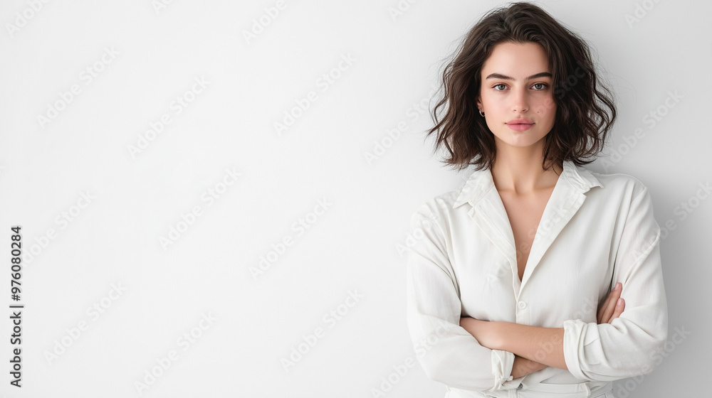 Confident young woman posing with crossed arms on white background with copy space for portraits Confident young woman posing with crossed arms on white background with copy space for portraits