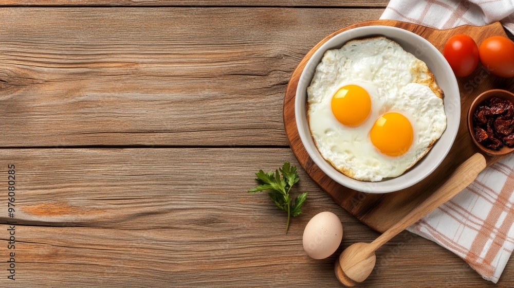 A rustic wooden table setting features a bowl of fluffy scrambled eggs, a side of fresh parsley, and a wooden spoon for a simple yet satisfying breakfast. A rustic wooden table setting features a bowl of fluffy scrambled eggs, a side of fresh parsley, and a wooden spoon for a simple yet satisfying breakfast.