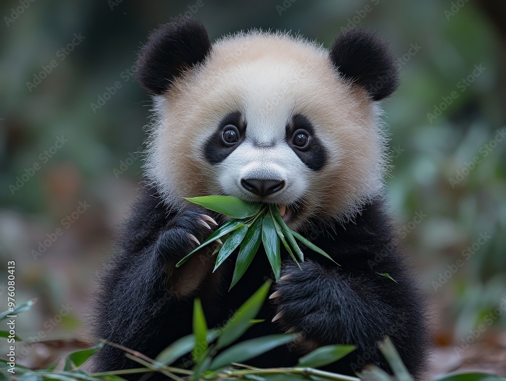 A cute panda bear is seen munching on fresh bamboo shoots, surrounded by a lush green environment, embodying the peace and simplicity of nature. A cute panda bear is seen munching on fresh bamboo shoots, surrounded by a lush green environment, embodying the peace and simplicity of nature.