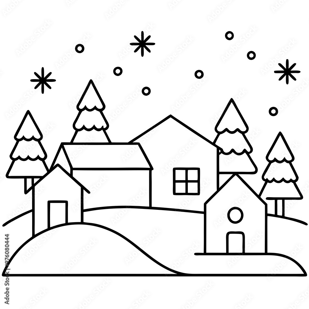 A small village scene with simple house outlines, trees, and snow-covered rooftop vector A small village scene with simple house outlines, trees, and snow-covered rooftop vector