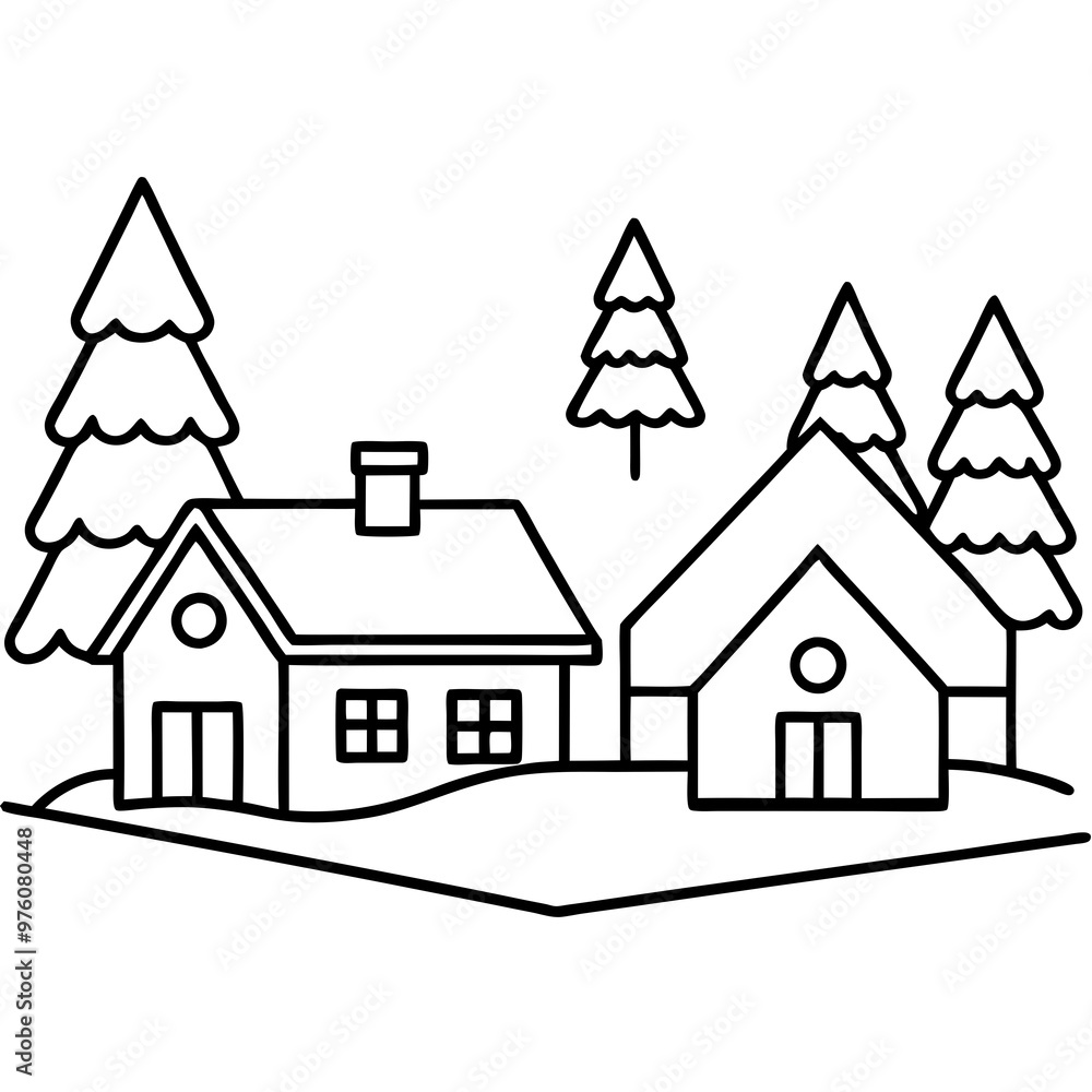 A small village scene with simple house outlines, trees, and snow-covered rooftop vector A small village scene with simple house outlines, trees, and snow-covered rooftop vector