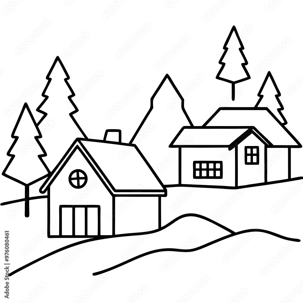 A small village scene with simple house outlines, trees, and snow-covered rooftop vector A small village scene with simple house outlines, trees, and snow-covered rooftop vector