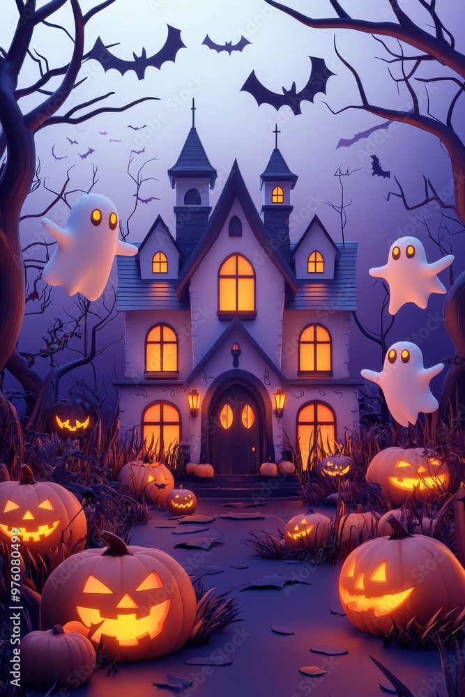 Haunted House on Halloween Night with Ghosts, Bats and Pumpkins Haunted House on Halloween Night with Ghosts, Bats and Pumpkins