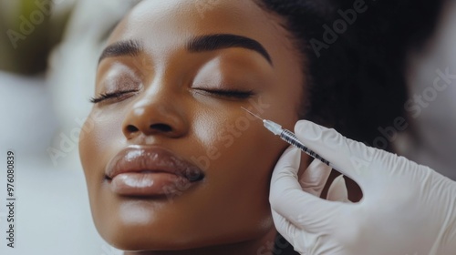 Lip Botox injections concept. Young black woman getting beauty injection in her lips, doctors hand in gloves holding syringe with filler next to woman mouth. Banner background beauty procedure design photo