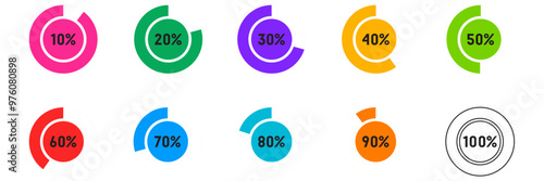 Circle percentage diagrams set. Loading indicator. Download process. Percentage pie chart for infographics, ui, web design and business presentation. Vector illustration.