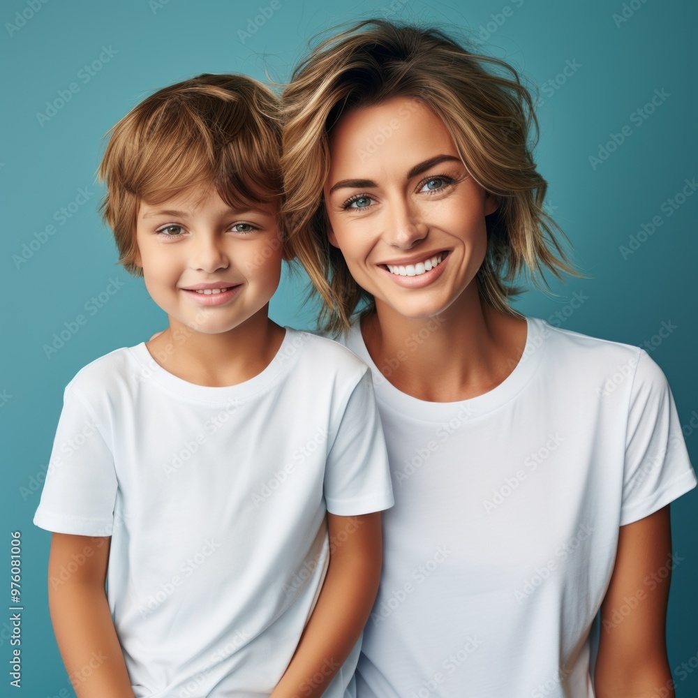 Happy mother and child in white shirts standing on a blue background. Smiling mother hugging her son. Closeup studio portrait of caucasian mom and her child smiling with shiny white teeth. Happy mother and child in white shirts standing on a blue background. Smiling mother hugging her son. Closeup studio portrait of caucasian mom and her child smiling with shiny white teeth.