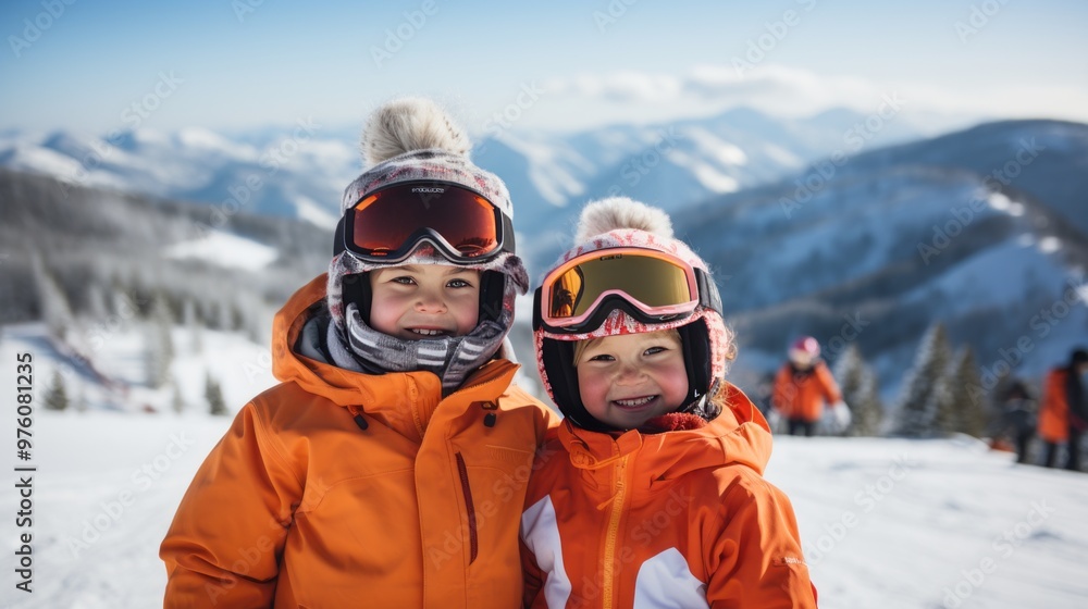 Happy kids standing on a ski slope at a ski resort. Young smiling children in skiing helmets and goggles standing on top of a snowy mountain on a sunny winter day. Kids snowboarding on winter holidays Happy kids standing on a ski slope at a ski resort. Young smiling children in skiing helmets and goggles standing on top of a snowy mountain on a sunny winter day. Kids snowboarding on winter holidays