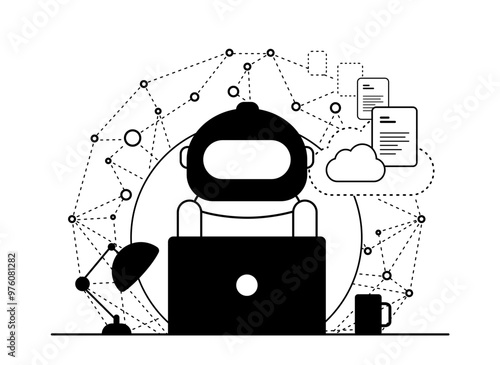 AI Agent, Global business digitisation, connected data transferred and uploaded to a cloud server for storage and remote access, transferring documents using internet cloud technology, outline, AI