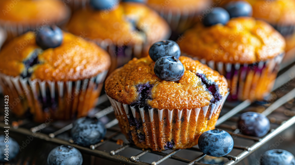 Blueberry turmeric muffins on a cooling rack, vibrant colors. Blueberry turmeric muffins on a cooling rack, vibrant colors.