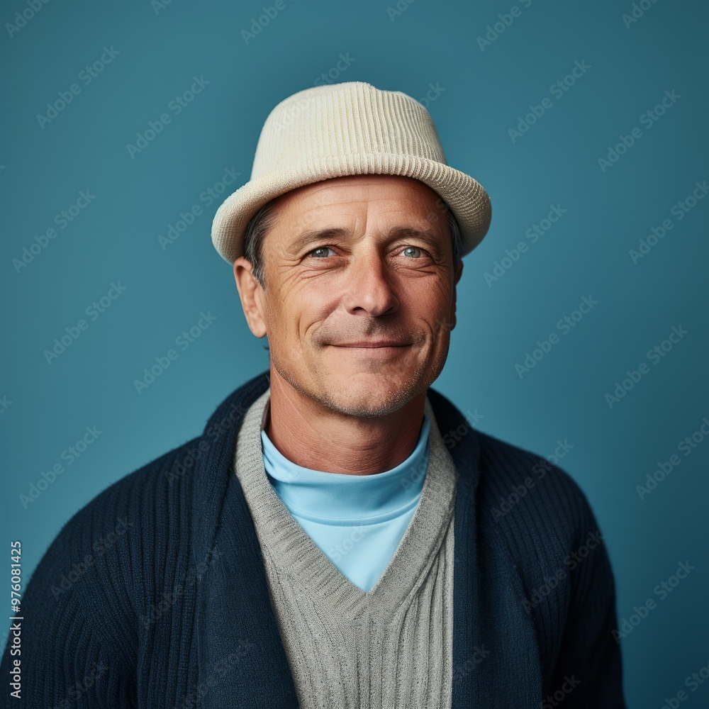 Happy middle aged man in a hat and a light coat. Portrait of a senior man in a stylish hat standing on a blue background looking at the camera. Cheerful mature man in a hat. Happy middle aged man in a hat and a light coat. Portrait of a senior man in a stylish hat standing on a blue background looking at the camera. Cheerful mature man in a hat.