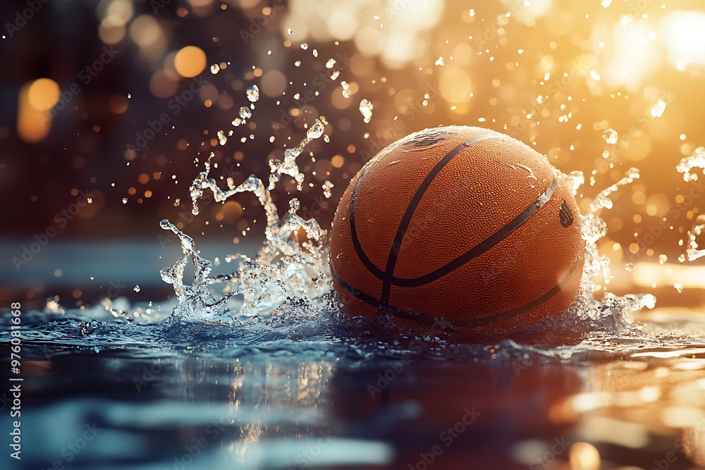 Basketball splashing in water at sunset with golden bokeh lights Basketball splashing in water at sunset with golden bokeh lights